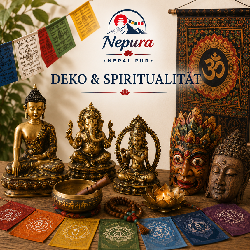 Bunte Gebetsfahnen und eine Buddha-Statue als Deko