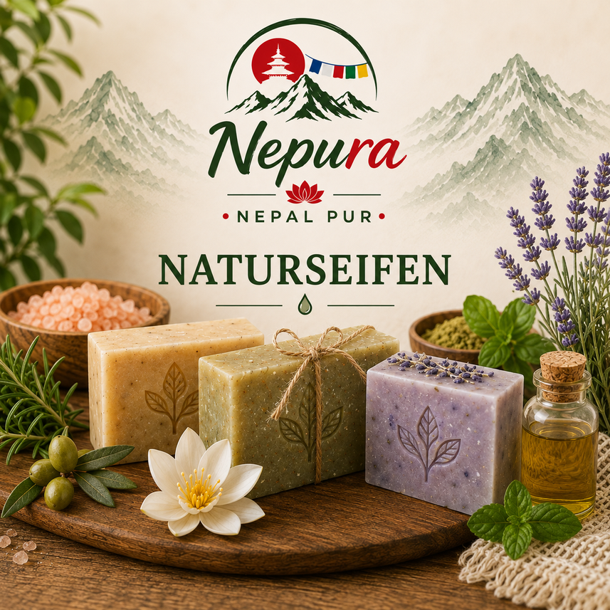 Handgemachte Naturseifen aus Nepal auf einem Holzbrett